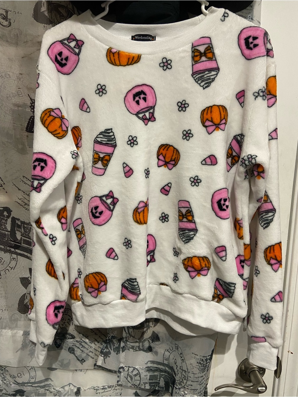 Women's White Plush Halloween Print Crewneck Sweater